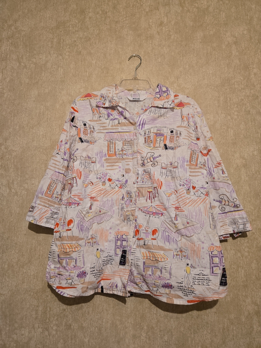 Alia White Button-Front Shirt with Lavender and Coral Sketch Print
